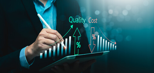 Business intelligence strategy with professional using digital tablet to evaluate rising quality,...