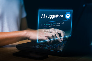 AI-powered code suggestion on laptop screen, intelligent assistant recommending programming...