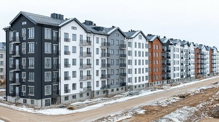 Row of apartment buildings in a winter landscape.
