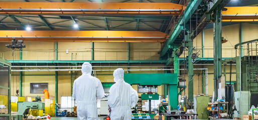 factory, warehouse, back, rear view, protective clothing, dustproof clothing, worker, engineer, cleaning, food, manufacturing, industry, work, machine, washing, walking, inspection, check, maintenance