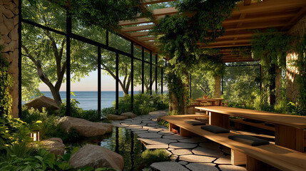 Serene Lakeside Pavilion: A tranquil lakeside pavilion, seamlessly blending indoor and outdoor spaces, features a wooden pergola draped with lush greenery, stone pathway.