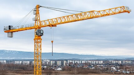Large yellow crane against a backdrop of a city and mountains.