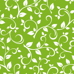 Seamless floral pattern with swirls and leaves on a green background. Vector green and white floral print