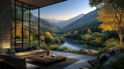 Living Room Overlook: A modern living room features floor-to-ceiling windows that reveal a serene valley, with a winding river and lush foliage bathed in golden light.