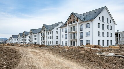 Row of white apartment buildings under construction.