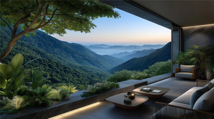 Mountain View Villa: Serene mountain view from a modern villa's expansive window. The outdoor space seamlessly blends with nature, offering a tranquil escape.