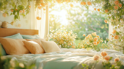 Romantic Bedroom Oasis: A sun-drenched bedroom offers a sanctuary of tranquility. Soft, sun-kissed light floods the scene, illuminating a cozy bed adorned with plush pillows and a gentle.