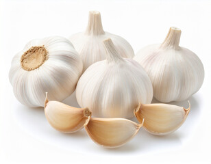 Whole Garlic Cloves and Bulb on Clean White Background