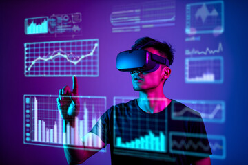 Young Man Using VR Headset to Analyze Data and Charts