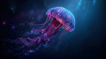 Obraz premium A stunning jellyfish with glowing bioluminescence gracefully drifts in the ocean.