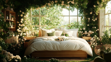 Enchanted Bedroom: A dreamy bedroom oasis, overflowing with lush greenery and delicate white roses, creates a serene and enchanting atmosphere. Sunlight streams through a large window.