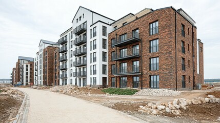 Modern apartment buildings under construction along a paved road.