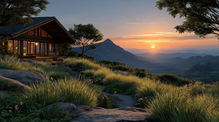 Mountain Cabin Sunset: A cozy wooden cabin nestled on a mountainside enjoys a breathtaking sunset view over rolling hills.