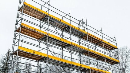 Large construction scaffolding with yellow safety supports.