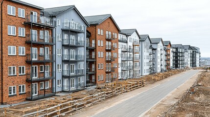Row of modern apartment buildings under construction.