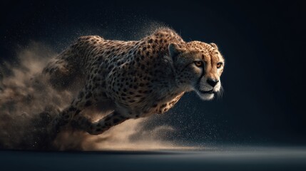 A cheetah in full sprint, showcasing speed and raw power against a dark backdrop.