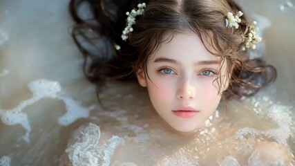 Beautiful girl in bath, flowers in hair, dreamy portrait - Powered by Adobe