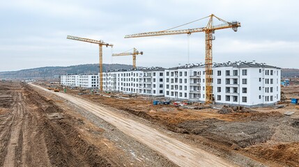 Construction site with apartment buildings under construction.