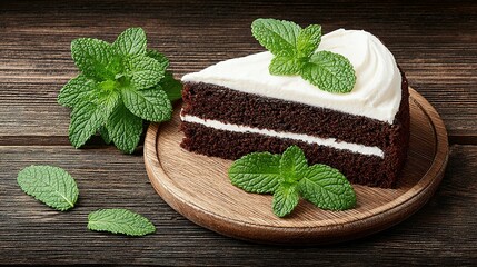 A slice of chocolate cake with white frosting and fresh mint leaves.