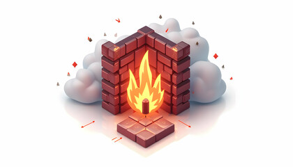 Fire Burning in Brick Fireplace with Cloud Background