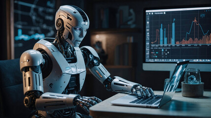 A robot using laptop with AR UI overlay, and transparent graphs. Futuristic.