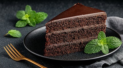Dark chocolate cake slice with fresh mint.