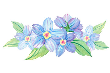 Forget-me-not flower, elegant bouquet, composition Myosotis, abstract fantasy blue flower, wildflower, herb, garden plant, botany, floral illustration. Hand drawn watercolor single isolated object