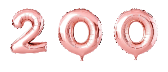 The image features three large, shiny rose gold balloons shaped as the numbers 2, 0, and 0, perfect for a celebration or milestone event.