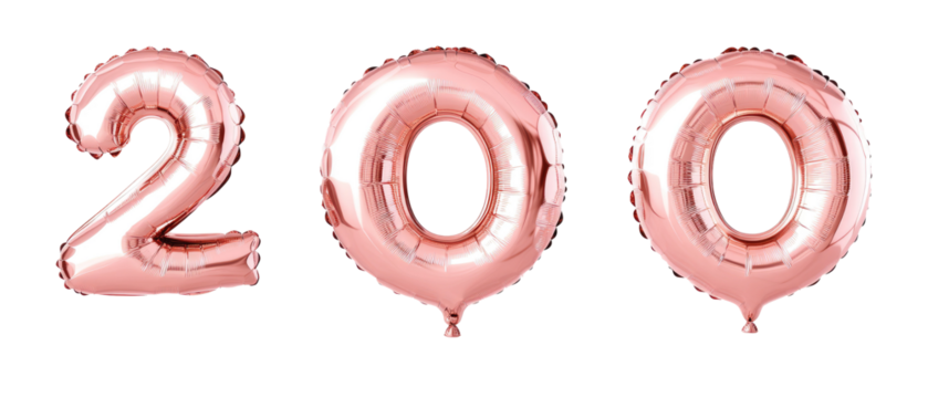 The image features three large, shiny rose gold balloons shaped as the numbers 2, 0, and 0, perfect for a celebration or milestone event.