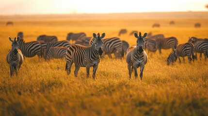 Naklejka premium Zebras grazing in a golden savanna landscape.