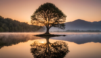 Golden Hour Sunset Over a Serene Lake with an Oak Tree and Grassy Shore