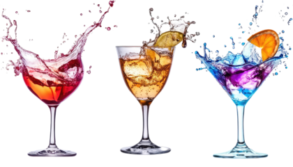 A vibrant display of three cocktails with splashes, showcasing colorful drinks in elegant glasses.
