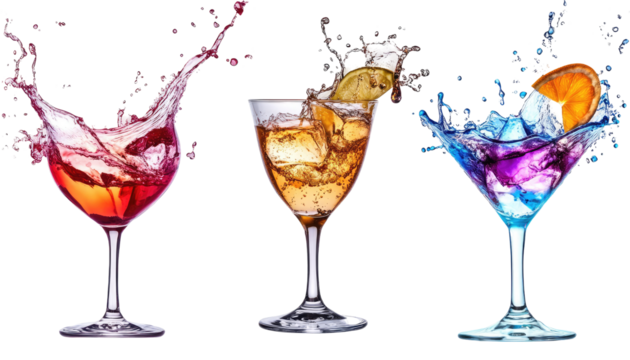 A vibrant display of three cocktails with splashes, showcasing colorful drinks in elegant glasses.