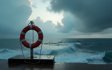 A lifebuoy on a stand overlooks a stormy sea under a dramatic sky. High quality