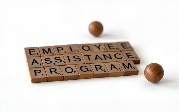 EMPLOYEE ASSISTANCE PROGRAM - words on a wooden brown block with balls lying next to it on a white background. High quality