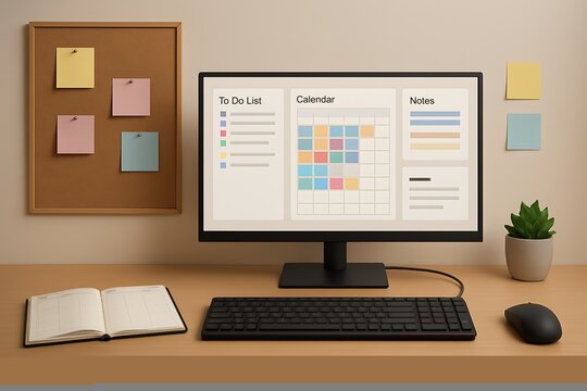 Work desk featuring a modern computer setup with a calendar app and an open diary on the table