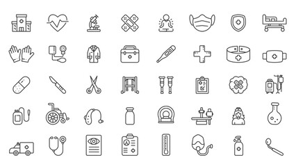 healthcare icons set,  medical health icon, medical tools, hospital equipment, and healthcare services in Outline vector icon in linear style. collection of pictograms