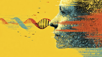 Human face with DNA strand, gene editing concept, abstract digital art with vibrant yellow, blue, and red colors, symbolizing bioethics and genetic science innovation