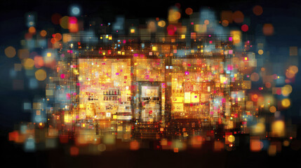Naklejka premium Glowing heatmap of consumer clicks on digital storefront with vibrant orange, yellow, and pink pixelated lights creating dynamic and energetic atmosphere
