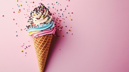 Colorful ice cream cone with sprinkles on a pink background.