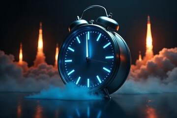 Time is Now: Alarm Clock with Rocket Launch in Dark Background