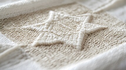 Embroidered star design on textured fabric.
