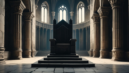 Generated illustration of an ancient throne inside a throne room of a long abandoned kingdom.