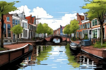 an AI Image Generator, Colorful Autumn Canal Scene in a Stylish Urban European