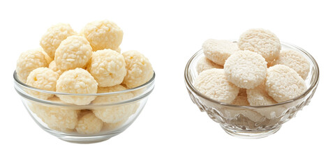 Two bowls filled with white, round sweets, showcasing different shapes and textures, likely for dessert or snack purposes.