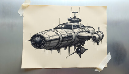 Drawing of Spaceship on Paper Attached with Tape