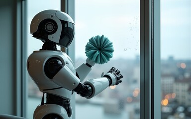 Robot window cleaner washes glass with round rags, robotic service, modern technologies. High quality