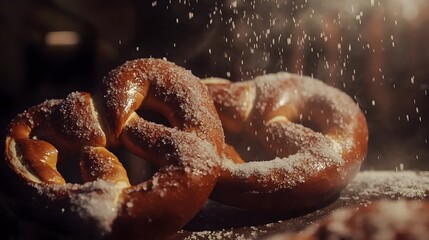 Two pretzels are dusted with powdered sugar.