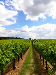 Obraz premium Vineyard with rows of grapevines under a partly cloudy sky in France