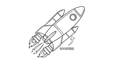 Rocket ship coloring page for kids and adults, space shuttle outline with boosters design art on transparent background